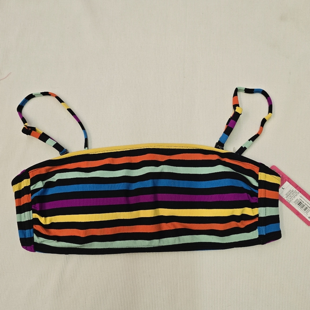 Xhilaration Ribbed Rainbow Striped Bandeau Bikini Top, Black- Large NEW!